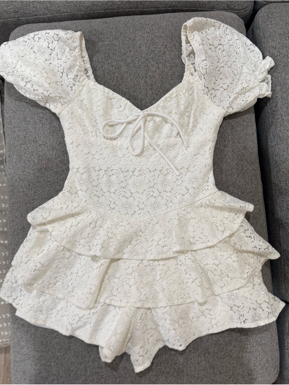 Altar'd State White Lace Peplum Romper with Puff Sleeves
